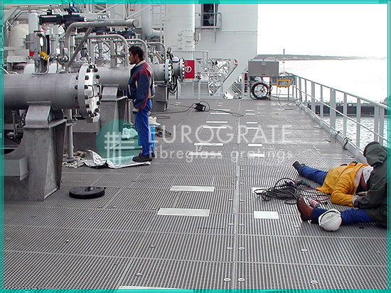 FRP handrails and gratings for the protection of workers in a ship